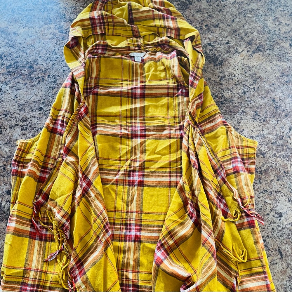 Cato Yellow Plaid Hooded Open Front Fringe Hem Sleeveless Vest, Pockets, Size XL